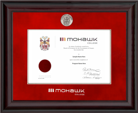 HONOUR FRAME- 120953 glossy mahogany wood, red velvet mat board, silver fillet, medallion and embossed logo HORIZONTAL